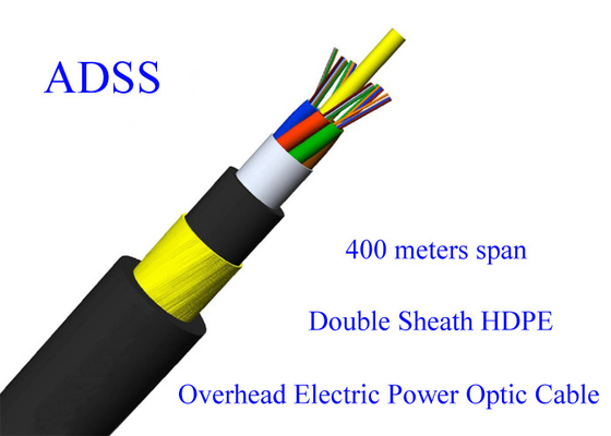 کابل زرهی فیبر نوری ADSS G652D 48B1.3 11KN Span 400M 13.4mm 48 Core PE HDPE